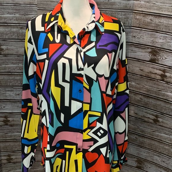 BIG DART Bright & Bold Geometric Button Front Blouse Shirt NWOT - Picture 4 of 8